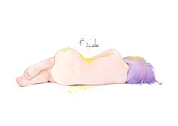 Rule 34 | 1girl, back, commentary, completely nude, english commentary, english text, from behind, highres, kaede (shijie heping), knees up, lying, nude, on side, original, petals, purple hair, short hair, simple background, soles, solo, toes, white background