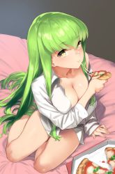 Rule 34 | 1girl, 92m, bed, bed sheet, bottomless, breasts, c.c., cleavage, code geass, collarbone, food, green hair, highres, holding, holding food, holding pizza, long hair, looking at viewer, medium breasts, naked shirt, no bra, pizza, pizza box, pizza slice, shirt, sidelocks, sitting, solo, white shirt, yellow eyes, yokozuwari