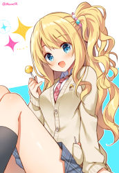 Rule 34 | 1girl, :d, black socks, blonde hair, blue background, blue eyes, blue skirt, blush, breasts, brown cardigan, candy, cardigan, clothes between thighs, collared shirt, commentary request, food, holding, holding candy, holding food, holding lollipop, kneehighs, lollipop, long hair, long sleeves, looking at viewer, mauve, necktie, one side up, open mouth, plaid, plaid necktie, plaid neckwear, plaid skirt, pleated skirt, princess connect!, red necktie, shirt, sitting, skirt, sleeves past wrists, small breasts, smile, socks, solo, sparkle, suzuna (princess connect!), suzuna (real) (princess connect!), twitter username, two-tone background, very long hair, white background, white shirt