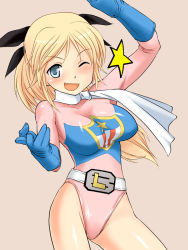 Rule 34 | 1girl, battle fever j, belt, blonde hair, blue eyes, cosplay, fang, gloves, katharine ohare, leotard, long hair, miritsu, mirutsu (milts), miss america, miss america (cosplay), one eye closed, ponytail, ribbon, scarf, smile, solo, strike witches, strike witches: suomus misfits squadron, super sentai, wink, world witches series
