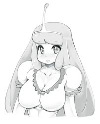 Rule 34 | 1girl, adventure time, blush, breasts, cartoon network, cleavage, collarbone, dress, greyscale, hime cut, impossible clothes, impossible dress, lips, long hair, looking at viewer, monochrome, parted lips, princess bonnibel bubblegum, puffy short sleeves, puffy sleeves, short sleeves, simple background, slugbox, solo, star-shaped pupils, star (symbol), symbol-shaped pupils, tiara, upper body, white background