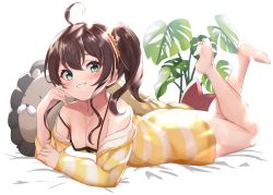1girl, absurdres, ahoge, barefoot, breasts, brown hair, cleavage, clenched teeth, higashigure, highres, hololive, legs, looking at viewer, lying, medium breasts, natsuiro matsuri, on stomach, shirt, side ponytail, smile, soles, solo, striped, striped shirt, teeth, virtual youtuber, yellow shirt