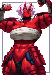 Rule 34 | 1girl, abs, absurdres, armor, bandaged arm, bandages, breasts, chest sarashi, cleavage, collar, colored skin, commentary, cowboy shot, english commentary, flexing, hair between eyes, highres, horns, huge breasts, looking at viewer, muscular, muscular female, navel, oni, oni horns, original, pointy ears, red skin, sarashi, short hair, slit pupils, solo, sotcho, tusks