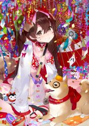 Rule 34 | 1girl, 2018, animal ears, bell, blush, bow, brown eyes, brown hair, butterfly sitting, calligraphy brush, choker, detached collar, dog, dog ears, dog tail, drawing on another&#039;s face, drawing on own face, facial mark, floral print, food, fruit, grin, hair between eyes, hair bow, hanetsuki, happy new year, highres, holding, holding umbrella, japanese clothes, jingle bell, long hair, long sleeves, looking at viewer, mandarin orange, new year, oil-paper umbrella, original, paintbrush, paw print, sandals, see-through, shiba inu, sitting, smile, solo, spinning top, tail, tareme, tonito, twintails, umbrella, whisker markings