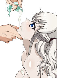 Rule 34 | 10s, 1boy, 1girl, absurdres, blue eyes, breasts, charlotte (anime), condom, condom drain, cum, cum in mouth, cum on body, cum on breasts, cum on upper body, drinking from condom, facial, feeding, finger in another&#039;s mouth, gokkun, grabbing another&#039;s chin, highres, open mouth, simple background, third-party edit, tomori nao, topless, used condom, white background, white hair