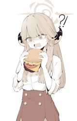Rule 34 | !?, 1girl, absurdres, aru (blue archive), blue archive, blush, burger, food, halo, highres, holding, holding food, horns, long hair, long sleeves, looking at food, lpleader, open mouth, shirt, simple background, skirt, solo, tearing up, white background, white shirt