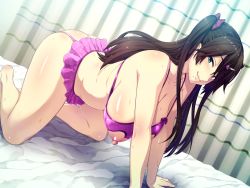 Rule 34 | 1girl, all fours, ass, barefoot, bed, bed sheet, bent over, blue eyes, blush, breasts, brown hair, cleavage, curtains, game cg, garter straps, hair ornament, hair ribbon, hairclip, hanging breasts, kanojo wa dare to demo sex suru, large breasts, lips, long hair, looking at viewer, mole, mole on breast, mole under mouth, naughty face, nipples, no eyewear, orcsoft, ribbon, sakurai erika, sanagi torajirou, shiny skin, smile, solo, thick thighs, thighs, twintails
