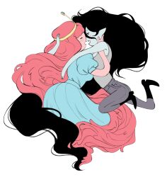 Rule 34 | 2girls, adventure time, between buttocks, black footwear, black hair, blue dress, blush, colored skin, couple, denim, dress, fang, floating, floating hair, grey skin, grey tank top, hand on another&#039;s cheek, hand on another&#039;s face, hand on another&#039;s head, highres, hug, imminent kiss, intertwined hair, jeans, juliet sleeves, katrinciart, leg up, long hair, long sleeves, looking at another, marceline abadeer, multiple girls, open mouth, pants, pink hair, pink skin, pointy ears, princess bonnibel bubblegum, puffy sleeves, short sleeves, simple background, tank top, vampire, very long hair, white background, yuri