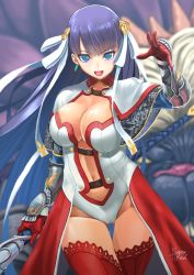 Rule 34 | 1girl, abazu-red, belt, blue eyes, blunt bangs, breasts, capelet, center opening, cleavage, dragon, earrings, fate/grand order, fate (series), gauntlets, hair ribbon, jewelry, large breasts, leotard, long hair, looking at viewer, martha (fate), navel, open mouth, pelvic curtain, purple hair, red thighhighs, ribbon, solo, staff, tarasque (fate), thighhighs, thighs, white capelet, white leotard