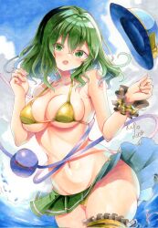 Rule 34 | 1girl, ass, bare arms, bare shoulders, bikini, black hat, blue sky, blush, bow, breasts, cleavage, cloud, cloudy sky, collarbone, frilled straps, frilled wrist cuffs, frills, from below, green eyes, green hair, green skirt, grey hair, groin, hair between eyes, hat, hat bow, hat ribbon, highres, huyugiri luna, komeiji koishi, looking at viewer, marker (medium), medium breasts, micro bikini, miniskirt, navel, open mouth, outdoors, ribbon, short hair, signature, single wrist cuff, skirt, sky, solo, standing, stomach, swimsuit, thick thighs, thigh strap, thighs, third eye, touhou, traditional media, water, wrist cuffs, yellow bikini, yellow bow, yellow ribbon