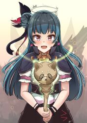 Rule 34 | 1girl, absurdres, blue hair, blush, commentary, earrings, feather hair ornament, feathers, genjitsu no yohane, hair bun, hair ornament, heart, heart earrings, highres, holding, holding wand, jewelry, long hair, love live!, love live! sunshine!!, magic, pink eyes, single side bun, solo, tsushima yoshiko, upper body, wand, whin, yohane (genjitsu no yohane)