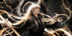 Rule 34 | 1boy, absurdres, angel wings, black necktie, black wings, blackbox (blackbox9158), blonde hair, collared shirt, dark background, from side, halo, highres, holding, holding staff, kim dokja, korean commentary, lightning, lips, long hair, looking up, male focus, necktie, omniscient reader&#039;s viewpoint, outstretched arms, parted lips, shirt, solo, spoilers, staff, transformation, upper body, very long hair, wings, yellow eyes
