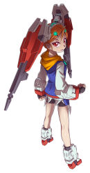 Rule 34 | 10s, 1girl, cannon, clenched hand, fingerless gloves, gloves, gundam, gundam age, gundam age-2 double bullet, hair ornament, hairband, king of unlucky, looking back, mecha musume, orange hair, personification, red eyes, short hair, winged hairband