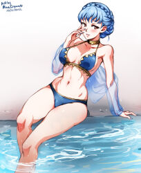 Rule 34 | 1girl, adapted costume, alternate costume, bare shoulders, bikini, blue bikini, blue hair, blush, braid, breasts, brown eyes, crown braid, fire emblem, fire emblem: three houses, fire emblem heroes, hand on own cheek, hand on own face, large breasts, long hair, looking at viewer, marianne von edmund, mina cream, nintendo, official alternate costume, open mouth, see-through, see-through sleeves, smile, solo, swimsuit