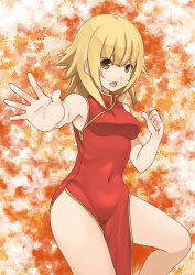 Rule 34 | 1girl, bad id, bad pixiv id, bare legs, blonde hair, china dress, chinese clothes, covered navel, dress, hitomi (minami-ke), looking at viewer, minami-ke, mo-fu, open mouth, outstretched hand, short hair, solo, yellow eyes