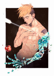 Rule 34 | 1boy, absurdres, apple, arrow in body, blonde hair, body markings, broken, cable, closed eyes, commentary, debris, earrings, english commentary, food, food bite, fruit, glowing, hand on own chest, hand up, highres, hollycircling, jewelry, light particles, male focus, mole, mole under eye, nude, outside border, outstretched arm, parted lips, piercing, prosthesis, prosthetic arm, short hair, solo, trigun, trigun stampede, undercut, upper body, vash the stampede