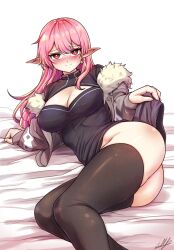 Rule 34 | 1girl, ass, bed sheet, black dress, black thighhighs, closed mouth, dress, fur-trimmed jacket, fur trim, highres, jacket, kina lillet, long hair, looking at viewer, lying, no panties, pink hair, pinkmarine, player (webtoon), pointy ears, red eyes, solo, sweat, thighhighs
