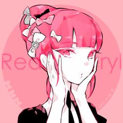 Rule 34 | 1other, androgynous, black necktie, cojima, dated, hair ribbon, hands on own face, houseki no kuni, matching hair/eyes, necktie, pink background, pink eyes, pink hair, red beryl (houseki no kuni), ribbon, shirt, signature, solo, uniform, white shirt