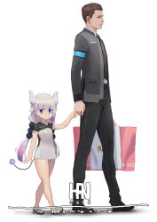 Rule 34 | 1boy, 1girl, absurdres, android, beads, brown eyes, brown hair, connor (detroit), crossover, detroit: become human, dragon horns, dragon tail, expressionless, gradient hair, hair beads, hair ornament, han-0v0, highres, holding finger, horns, jacket, kanna kamui, kobayashi-san chi no maidragon, light purple hair, looking at another, looking at viewer, low twintails, multicolored hair, name connection, necktie, tail, twintails, walking, white background