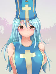 Rule 34 | 1girl, apron, blue hair, blush, brown eyes, chunsoft, dragon quest, dragon quest iii, enix, hat, heart dorobow, highres, naked apron, priest (dq3), smile, solo, tagme
