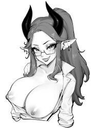 Rule 34 | 1girl, artist name, brassica, breasts, breasts out, cleavage, collarbone, collared shirt, commission, demon girl, demon horns, ear piercing, earrings, glasses, greyscale, highres, horns, inverted cross earrings, jewelry, large breasts, long hair, monochrome, nipples, original, piercing, pointy ears, ponytail, pulling own clothes, semi-rimless eyewear, shirt, smile, solo, upper body