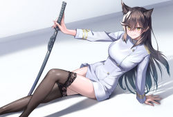 Rule 34 | 1girl, animal ear fluff, animal ears, atago (azur lane), azur lane, breasts, brown hair, brown thighhighs, buttons, double-breasted, extra ears, feet out of frame, highres, holding, holding sword, holding weapon, jacket, lace, lace-trimmed legwear, lace trim, large breasts, long hair, looking at viewer, manda (luts7602), military, military uniform, miniskirt, naval uniform, sheath, sheathed, simple background, skirt, solo, sword, thighhighs, uniform, weapon, white background, white jacket, white skirt