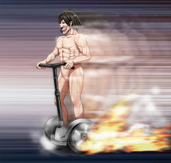 Rule 34 | 1boy, abs, afterimage, brown hair, collarbone, fire, fire, full body, giant, grin, male focus, monster, muscular, nude, open mouth, riding, rogue titan, segway, shingeki no kyojin, short hair, smile, solo, standing, steam, teeth, titan (shingeki no kyojin), tk8d32, tongue, vehicle, what
