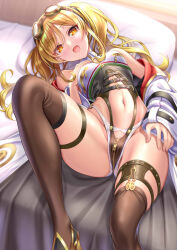 Rule 34 | 1girl, :d, azur lane, bare shoulders, black footwear, blonde hair, blush, breast zipper, breasts, brown thighhighs, clothing cutout, coat, commentary request, crotch zipper, foot out of frame, goggles, goggles on head, groin, hair between eyes, hand on own chest, high heels, highleg, highleg swimsuit, highres, legs, leonardo da vinci (azur lane), long hair, looking at viewer, lying, navel, navel cutout, o-ring, off shoulder, on back, on bed, open mouth, pillow, red eyes, shadow, sidelocks, small breasts, smile, solo, stomach, swimsuit, thighhighs, twintails, violetshit, white coat, zipper