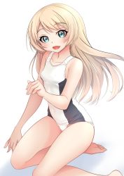 Rule 34 | 1girl, absurdres, alternate costume, blonde hair, blue eyes, collarbone, commentary request, dress, highres, jervis (kancolle), kantai collection, kneeling, looking at viewer, makura (y makura), one-piece swimsuit, school swimsuit, simple background, smile, solo, swimsuit, white background, white one-piece swimsuit