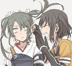 Rule 34 | &gt;:/, 10s, 2girls, :/, brown hair, closed eyes, grabbing another&#039;s ear, elbow gloves, gloves, grey hair, hair ribbon, hand on another&#039;s ear, japanese clothes, kantai collection, multiple girls, muneate, ree (re-19), ribbon, school uniform, sendai (kancolle), serafuku, short twintails, shouting, twintails, v-shaped eyebrows, zuikaku (kancolle)