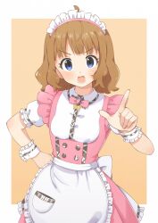 Rule 34 | 1girl, ahoge, apron, blue eyes, blush, border, bow, bowtie, breasts, brown background, brown hair, clenched hand, dot nose, dress, frilled apron, frilled dress, frills, hand on own hip, hand up, highres, highwooods, idolmaster, idolmaster million live!, idolmaster million live! theater days, index finger raised, looking at viewer, open mouth, outside border, pink bow, pink bowtie, pink dress, pretty waitress (idolmaster), puffy short sleeves, puffy sleeves, shirt, short hair, short sleeves, simple background, small breasts, solo, suou momoko, teeth, upper body, v-shaped eyebrows, waist apron, wavy hair, white apron, white border, white headdress, white shirt, white wrist cuffs, wrist cuffs