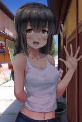 Rule 34 | 10s, 1girl, :d, anchor symbol, architecture, arms behind back, bare shoulders, black hair, blue sky, blush, braid, breasts, casual, collarbone, commentary request, day, denim, east asian architecture, eyebrows, flower, hair ribbon, highres, ichikawa feesu, isonami (kancolle), kantai collection, long hair, looking at viewer, medium breasts, midriff, midriff peek, morning glory, navel, open mouth, outdoors, ribbon, road, single braid, sky, sleeveless, smile, solo, street, tank top, twin braids, upper body, waving, wind chime, yellow eyes