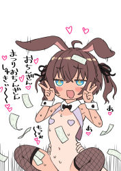 Rule 34 | 1girl, ahoge, animal ears, banknote, black bow, black bowtie, black ribbon, blue eyes, blush stickers, bow, bowtie, braid, brown hair, double v, drooling, fishnet thighhighs, fishnets, hair ribbon, heart, heart pasties, highres, hololive, implied sex, jitome, medium hair, meme attire, money, money-shaped pupils, mouth drool, natsuiro matsuri, navel, nude, one-piece tan, open mouth, out-of-frame censoring, pasties, rabbit ears, reverse bunnysuit, reverse cowgirl position, reverse outfit, ribbon, sabaku chitai, sex, sex from behind, smile, solo focus, squatting cowgirl position, straddling, sweat, symbol-shaped pupils, tan, tanline, thighhighs, torso grab, traditional bowtie, translation request, tucked money, twintails, v, virtual youtuber, wrist cuffs