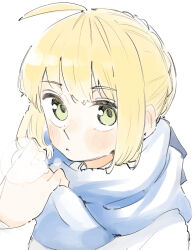 Rule 34 | 1girl, ahoge, artoria pendragon (all), artoria pendragon (fate), blonde hair, blue scarf, blush, breath, close-up, coat, fate/stay night, fate (series), green eyes, highres, long sleeves, looking at viewer, parted lips, saber (fate), scarf, sidelocks, simple background, sketch, solo, tenoo12, white background, white coat
