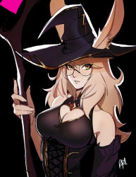 Rule 34 | 1girl, animal ears, black mage (final fantasy), blonde hair, breasts, cleavage, cleavage cutout, clothing cutout, commentary, detached sleeves, distr, ears through headwear, english commentary, final fantasy, final fantasy xiv, glasses, hat, heart cutout, highres, holding, holding staff, long hair, looking at viewer, medium breasts, rabbit ears, round eyewear, sketch, solo, staff, upper body, viera, witch hat, yellow eyes