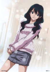 Rule 34 | 1girl, black hair, breasts, collarless shirt, d.gray-man, denim, denim skirt, earrings, hair between eyes, hallway, own hands clasped, highres, jewelry, lenalee lee, light particles, long hair, long sleeves, looking at viewer, official art, own hands together, scan, skirt, small breasts, smile, solo, stud earrings, sweater, v arms, wavy hair, white background
