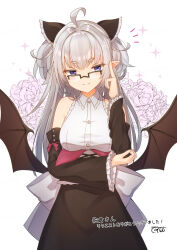 Rule 34 | 1girl, ahoge, bare shoulders, black-framed eyewear, black skirt, black sleeves, blush, breasts, brown wings, closed mouth, collared shirt, commentary request, coreytaiyo, dated, detached sleeves, dress shirt, floral background, frilled sleeves, frills, glasses, grey hair, hand up, highres, long hair, long sleeves, low wings, medium breasts, original, over-rim eyewear, pointy ears, purple eyes, semi-rimless eyewear, shirt, short eyebrows, signature, simple background, skirt, sleeveless, sleeveless shirt, sleeves past wrists, smile, solo, sparkle, thick eyebrows, translation request, two side up, very long hair, white background, white shirt, wings