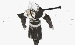 Rule 34 | 1boy, armor, black shorts, collarbone, d.k, elbow gloves, eyemask, feet out of frame, fingerless gloves, forehead, gauntlets, gloves, greatsword, grey background, grey sash, hair bun, mask, muscular, muscular male, nier, nier (father), nier (series), one eye covered, pectorals, shorts, shoulder armor, shoulder tattoo, simple background, single bare shoulder, single hair bun, solo, sword, tattoo, topless male, weapon, weapon on back, white hair