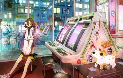 Rule 34 | 1girl, arcade, blush, foot out of frame, green eyes, hair between eyes, highres, indoors, long sleeves, looking at viewer, original, pac-man (game), reflection, road, sitting, sleeves past wrists, solo, sonic (series), sticker, stool, street, tao (tao15102), wide shot, window