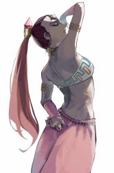 Rule 34 | 1girl, armlet, earrings, closed eyes, forehead jewel, from side, gem, gerudo, highres, jewelry, long hair, nabooru, nintendo, otsubo kiko, ponytail, red hair, red lips, solo, the legend of zelda, the legend of zelda: ocarina of time, vambraces, white background
