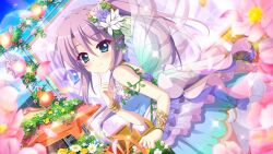 Rule 34 | 1girl, aqua eyes, back bow, blue dress, blue flower, blue rose, blue sky, blurry, blurry foreground, blush, bow, breasts, bush, cart, closed mouth, day, dot nose, dress, dutch angle, fairy wings, film grain, finger to own chin, flower, from side, game cg, hair flower, hair ornament, high ponytail, ivy, izumi tsubasu, large bow, lens flare, long hair, looking at viewer, non-web source, official art, outdoors, pink flower, purple hair, re:stage!, red flower, rose, screen, sidelocks, sky, small breasts, smile, solo, sparkle, stage, stage lights, transparent wings, tsukisaka sayu, white bow, white flower, white rose, wings, wristlet, yellow flower