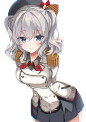 Rule 34 | 1girl, absurdres, beret, black hat, blue eyes, blush, breasts, closed mouth, collared shirt, cowboy shot, epaulettes, fathom, grey hair, grey shirt, grey skirt, hair between eyes, hat, highres, jacket, kantai collection, kashima (kancolle), kerchief, large breasts, long sleeves, military, military uniform, pleated skirt, shirt, short hair, simple background, skirt, smile, solo, twintails, uniform, white background, white jacket