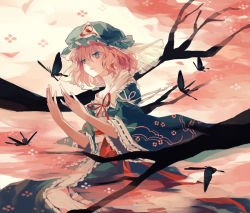 Rule 34 | 1girl, bad id, bad pixiv id, bug, butterfly, cherry blossoms, clea (geee13), female focus, ghost, hat, insect, japanese clothes, kimono, obi, petals, pink eyes, pink hair, saigyouji yuyuko, sash, solo, touhou, triangular headpiece