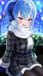 Rule 34 | 1girl, absurdres, blue eyes, blue hair, blurry, blurry background, blush, bow, bush, dress, frown, fur-trimmed dress, fur-trimmed sleeves, fur trim, gloves, hair bow, highres, hololive, hoshimachi suisei, long hair, looking at viewer, mogmog megmog, open mouth, outdoors, pantyhose, plaid, plaid dress, ponytail, scarf, sitting, solo, star (symbol), star in eye, striped, striped bow, symbol in eye, virtual youtuber