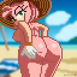 Rule 34 | 1girl, amy rose, antenna hair, artist name, ass, bangle, blurry, blurry background, bracelet, breasts, cowboy shot, female focus, from behind, gloves, gluteal fold, green eyes, half-closed eyes, hand on own ass, hat, hedgehog ears, hedgehog girl, highres, jewelry, large breasts, looking at viewer, looking back, pink hair, pixel art, short hair, sideboob, solo, sonic (series), sun hat, thighs, white gloves, xmias