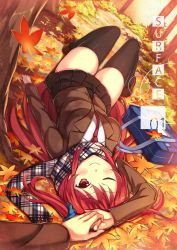 Rule 34 | 1girl, autumn leaves, bad id, bad pixiv id, black thighhighs, long hair, original, peach88, plaid, plaid scarf, red eyes, red hair, scarf, school uniform, short twintails, skirt, smile, solo focus, thighhighs, twintails