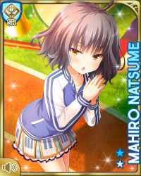 Rule 34 | 1girl, :o, ahoge, brown eyes, card (medium), child, day, frilled skirt, frills, girlfriend (kari), hat, jacket, kneehighs, marching band, natsume mahiro, official art, open mouth, orange eyes, outdoors, own hands together, pleated skirt, qp:flapper, shirt, short hair, silver hair, skirt, socks, solo, tagme, track jacket, wavy hair, white socks, white shirt, white skirt