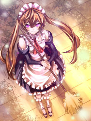 Rule 34 | 10s, 1girl, apron, bad id, bad pixiv id, broom, brown hair, choker, detached sleeves, dress, elf, eredhen, floor, frilled dress, frilled legwear, frilled sleeves, frills, full body, holding, leg warmers, long hair, looking at viewer, maid, maid apron, maid headdress, myucel foalan, outbreak company, pointy ears, purple eyes, red ribbon, ribbon, sandals, smile, solo, standing, twintails, very long hair, waist apron