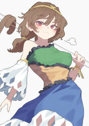 Rule 34 | 1girl, :3, puff of air, absurdres, blue dress, blush, brown hair, circlet, closed mouth, cowboy shot, detached sleeves, dress, fingernails, garasuno, green dress, hair between eyes, highres, holding, long hair, low twintails, monkey tail, multicolored clothes, multicolored dress, red eyes, revision, ruyi jingu bang, simple background, single detached sleeve, smile, solo, son biten, tail, test tube, touhou, twintails, white background, white sleeves, yellow dress
