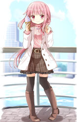 Rule 34 | 1girl, belt, black thighhighs, blunt bangs, blush, boots, braid, braided belt, brown belt, brown footwear, brown shorts, buttons, city, coat, culottes, dot nose, food, frilled shorts, frills, full body, hands up, highres, holding, holding food, holding ice cream, ice cream, knee boots, lapels, layered sleeves, long hair, long sleeves, looking at viewer, low ponytail, magia record: mahou shoujo madoka magica gaiden, mahou shoujo madoka magica, official alternate costume, outdoors, pink eyes, pink hair, pink sweater, plaid, plaid shorts, pocket, ribbed sweater, ribbon trim, rikopin, shorts, side braids, sidelocks, smile, solo, split mouth, standing, sweater, tamaki iroha, tamaki iroha (winter costume), thighhighs, thighhighs under boots, turtleneck, turtleneck sweater, very long hair, white coat